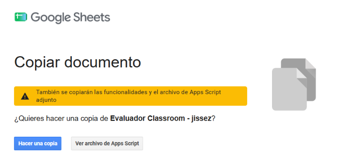 Pantalla de Google Sheets: Copiar documento, con el botón Hacer una copia