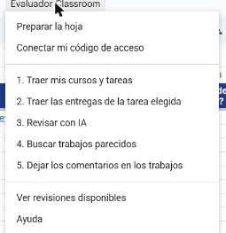 Menú Evaluador Classroom abierto en la hoja recién copiada