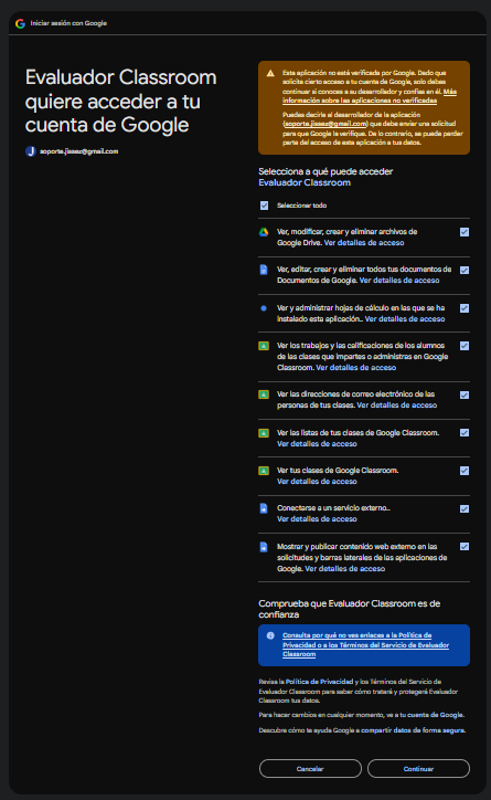 Lista de permisos con todas las casillas marcadas
