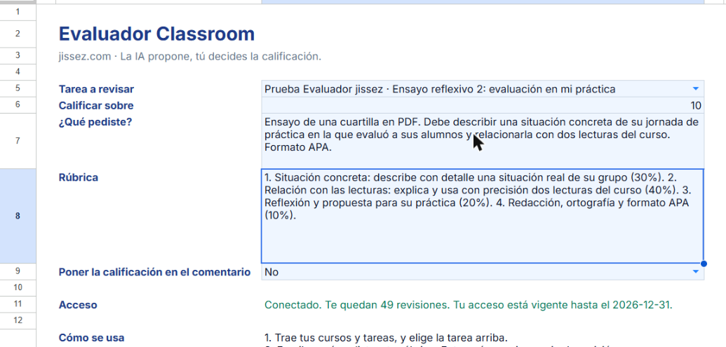 Hoja Configuración con la tarea, la consigna y la rúbrica