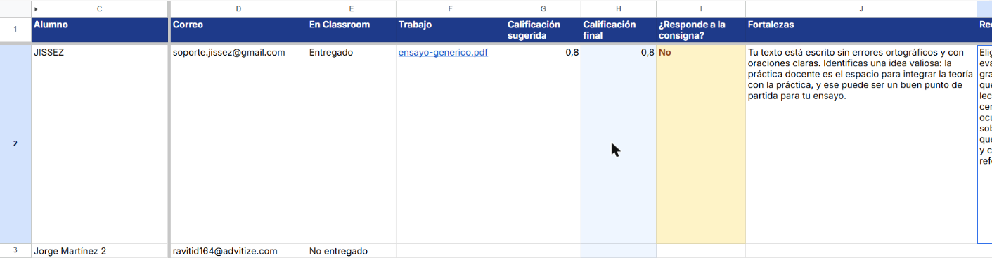 Fila con calificación sugerida 0.8 y No responde a la consigna