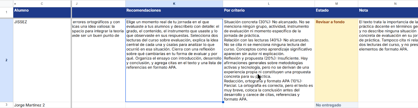Recomendaciones, valoración por criterio y Revisar a fondo