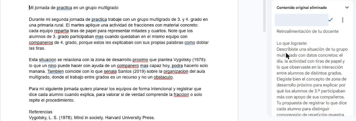 Comentario en el documento del estudiante